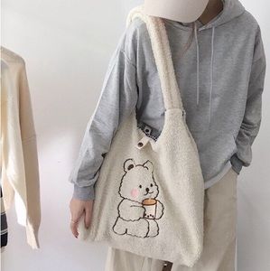 Bear tote bag plush soft fuzzy boba bubble tea cartoon embroidered cream…